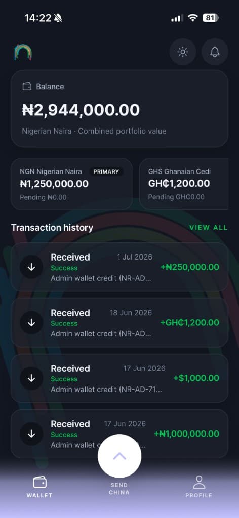 NaiRoute app dark mode wallet screen
