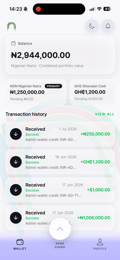 NaiRoute mobile app — wallet balances, deposit flow, and secure card checkout